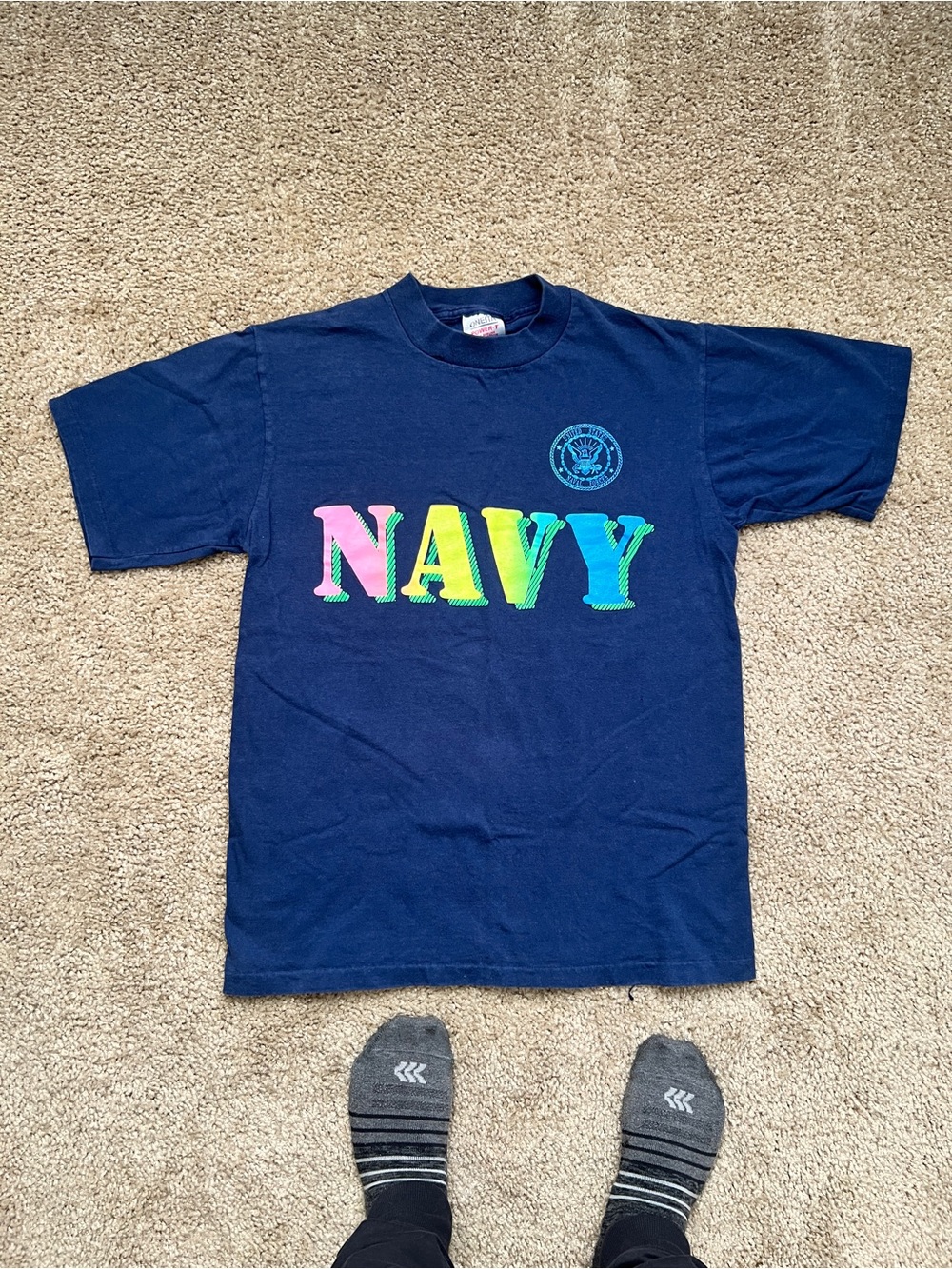 Vintage Navy Short Sleeve Tee with Neon Print
